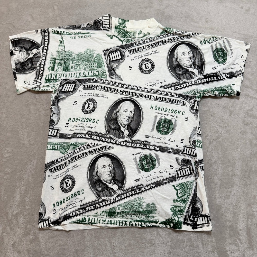 VTG SBW Benjamin Franklin T-Shirt Mens L AOP $100 Dollar Single Stitch 90s Y2K